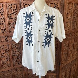 White Embroidered Men's Short Sleeve Cotton Linen Shirt Western Aztec